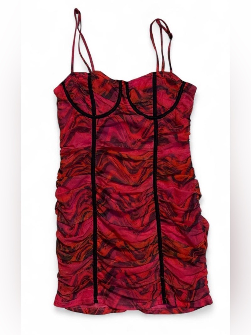 PrettyLittleThing Pink and Red Marble Ruched Mini Dress